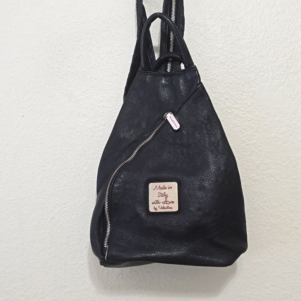 Black Valentina leather‎ zip pocket backpack